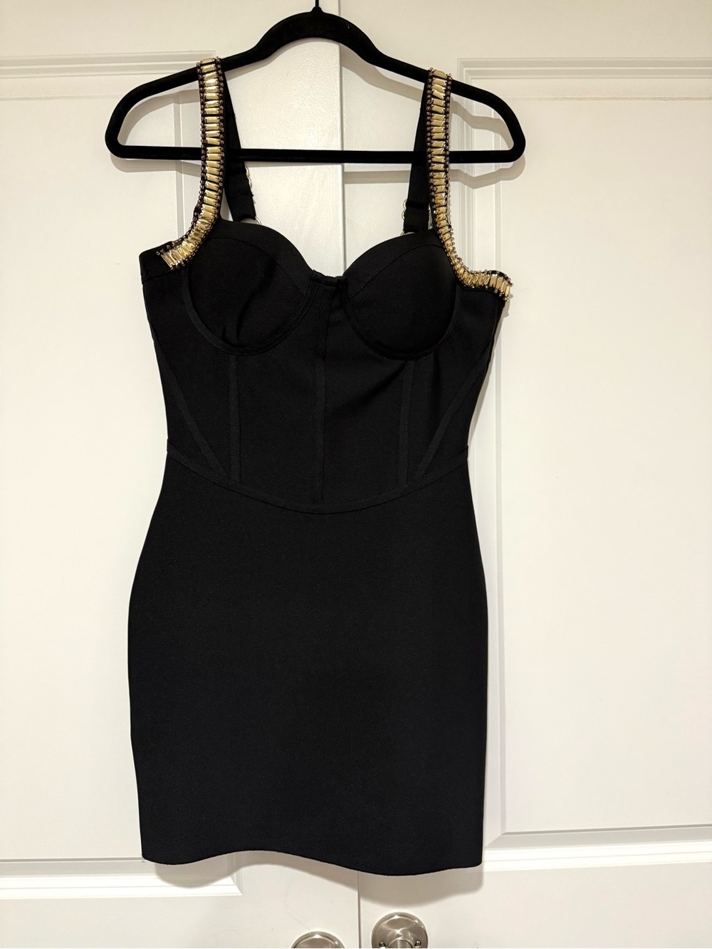 Dolcessa Black Mini Bodycon Dress with Gold-Trim beaded Crystals